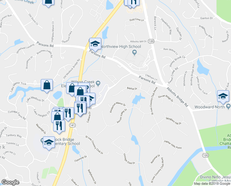 map of restaurants, bars, coffee shops, grocery stores, and more near 1586 Bayhill Drive in Duluth