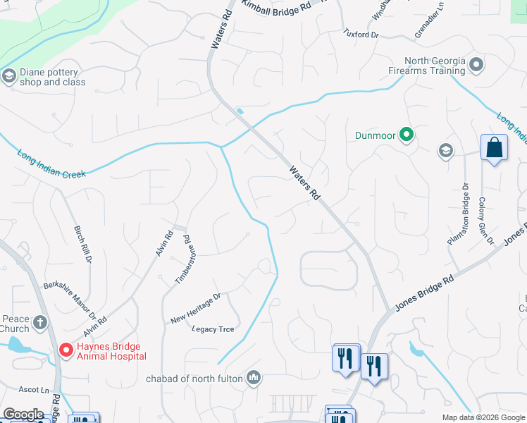 map of restaurants, bars, coffee shops, grocery stores, and more near 3455 Waters Cove Way in Alpharetta
