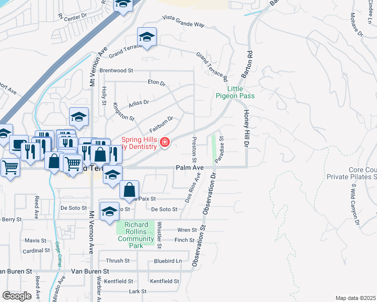 map of restaurants, bars, coffee shops, grocery stores, and more near 12044 Preston Street in Grand Terrace