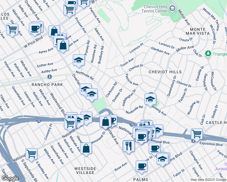 map of restaurants, bars, coffee shops, grocery stores, and more near 10540 Clarkson Road in Los Angeles