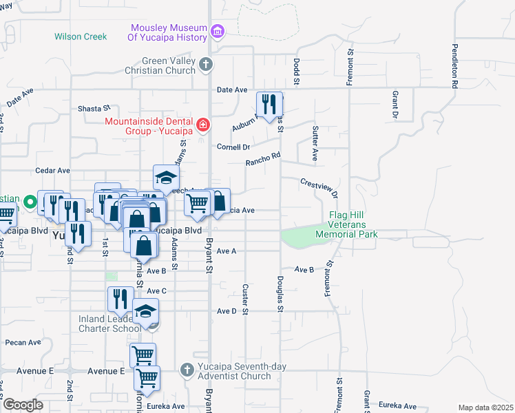 map of restaurants, bars, coffee shops, grocery stores, and more near 35432 Acacia Avenue in Yucaipa