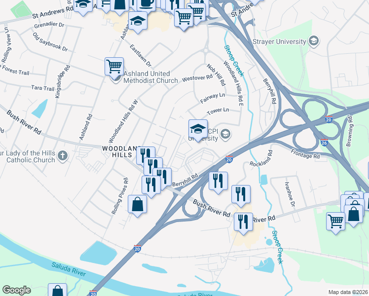 map of restaurants, bars, coffee shops, grocery stores, and more near 121 Executive Center Drive in Columbia