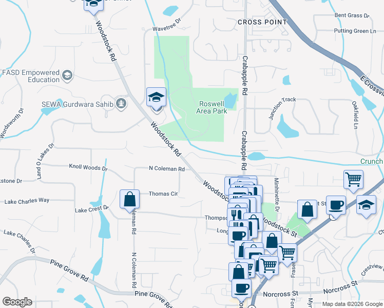 map of restaurants, bars, coffee shops, grocery stores, and more near 105 Park Bridge Lane in Roswell