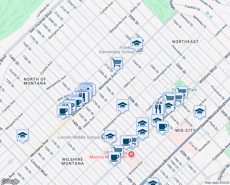 map of restaurants, bars, coffee shops, grocery stores, and more near 851 19th Street in Santa Monica