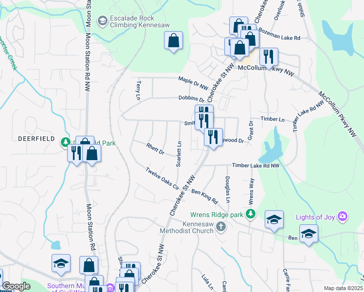 map of restaurants, bars, coffee shops, grocery stores, and more near 4004 Scarlett Lane in Kennesaw