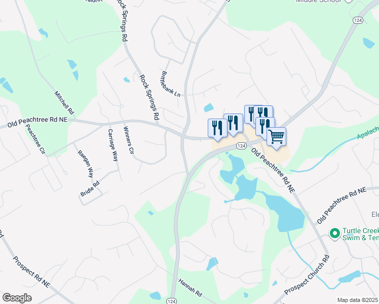 map of restaurants, bars, coffee shops, grocery stores, and more near 1979 Sunny Hill Road in Lawrenceville
