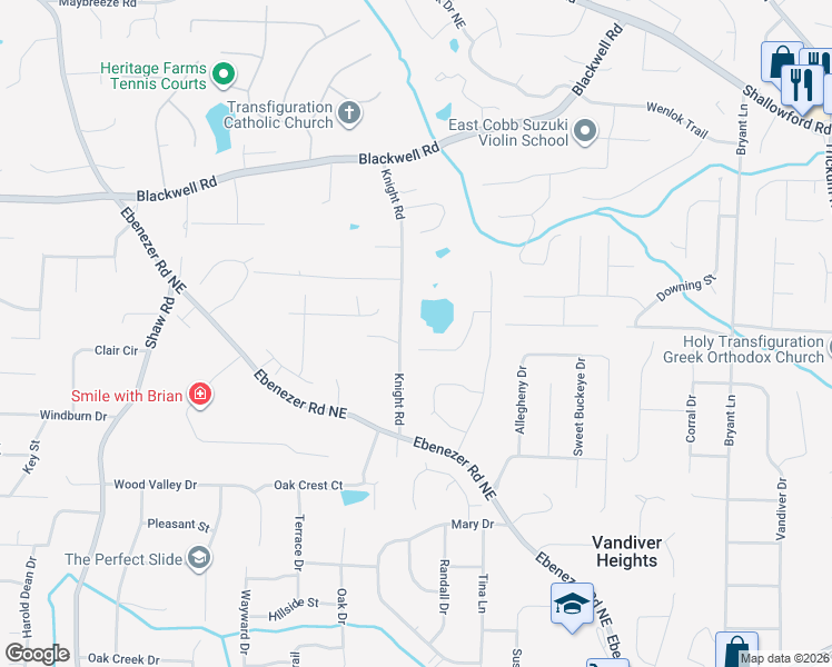 map of restaurants, bars, coffee shops, grocery stores, and more near 1807 Lake Ebenezer Trail NE in Marietta