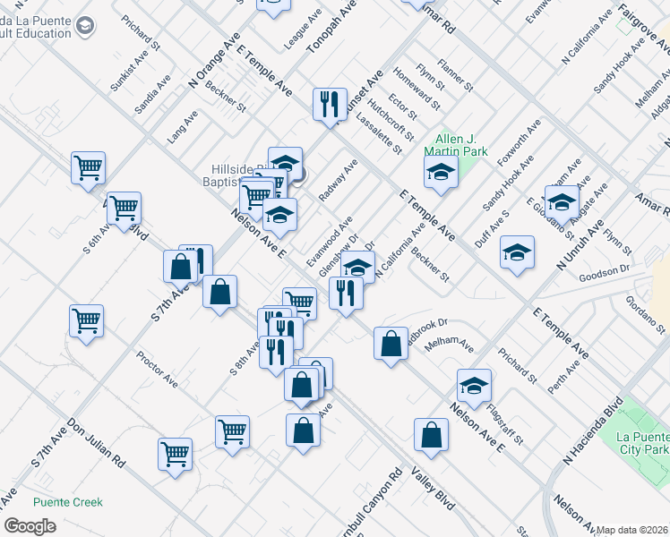 map of restaurants, bars, coffee shops, grocery stores, and more near 330 Glenshaw Drive in La Puente
