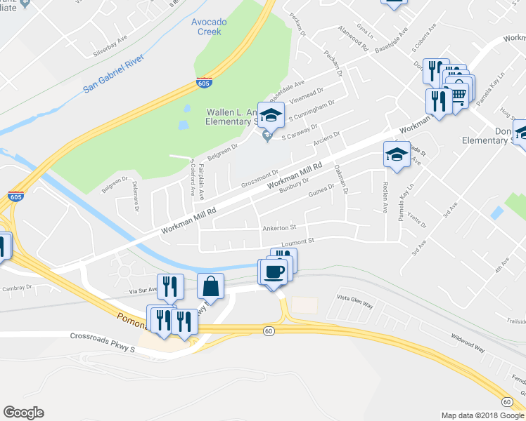 map of restaurants, bars, coffee shops, grocery stores, and more near 1225 Guinea Drive in Whittier
