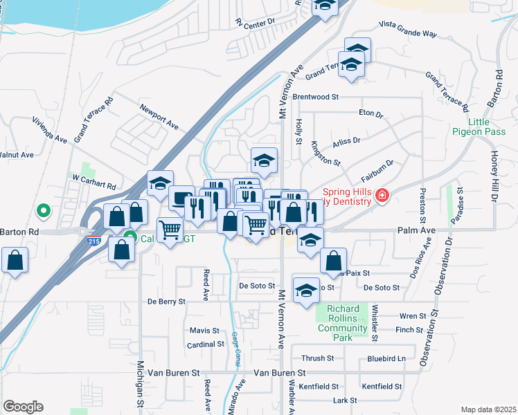 map of restaurants, bars, coffee shops, grocery stores, and more near 22456 Chaparral Lane in Grand Terrace