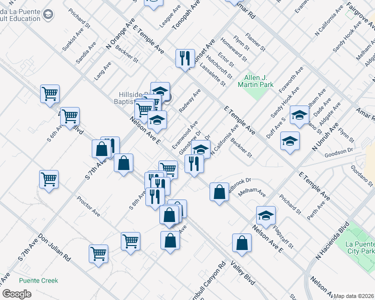 map of restaurants, bars, coffee shops, grocery stores, and more near 330 Glenshaw Drive in La Puente