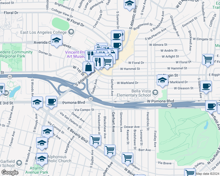 map of restaurants, bars, coffee shops, grocery stores, and more near 2321 Gerhart Avenue in Monterey Park