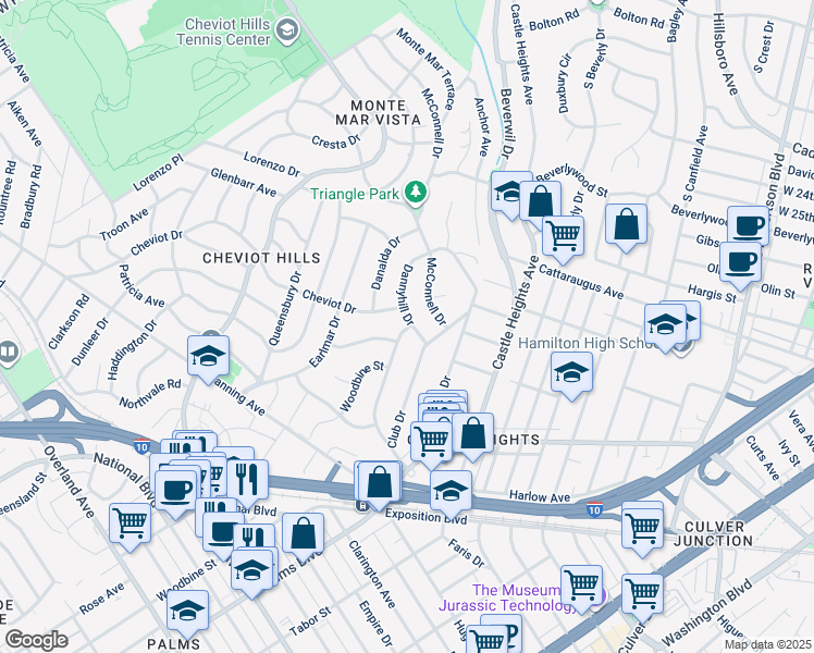 map of restaurants, bars, coffee shops, grocery stores, and more near 3125 Dannyhill Drive in Los Angeles