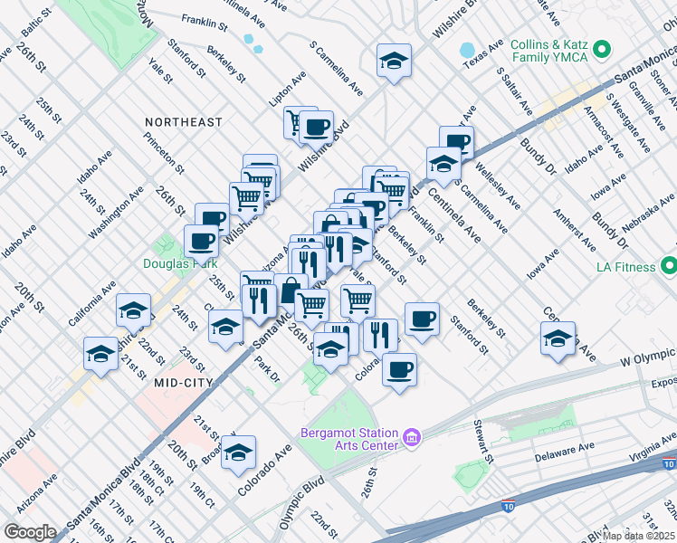map of restaurants, bars, coffee shops, grocery stores, and more near 2822 Santa Monica Boulevard in Santa Monica