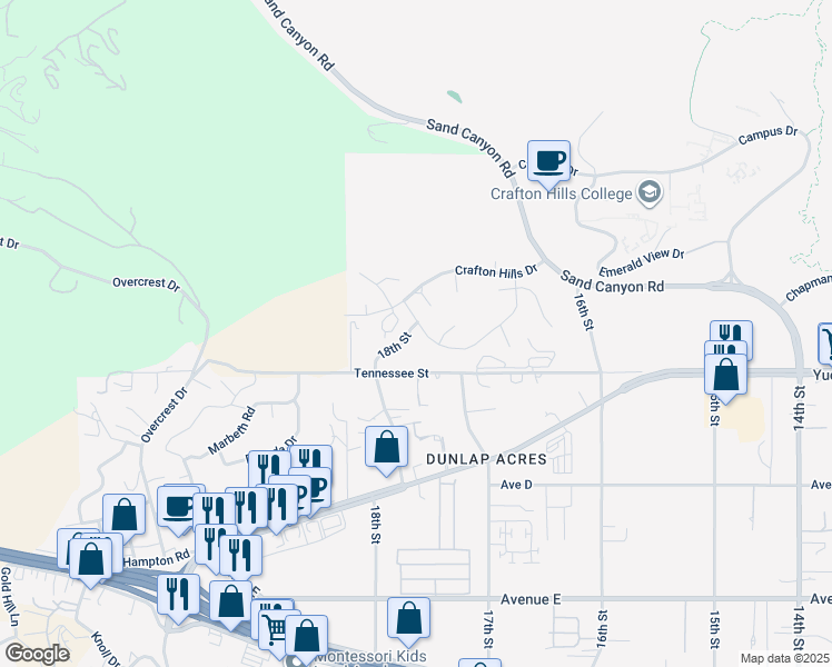 map of restaurants, bars, coffee shops, grocery stores, and more near 31801 Oak Wood Circle in Yucaipa