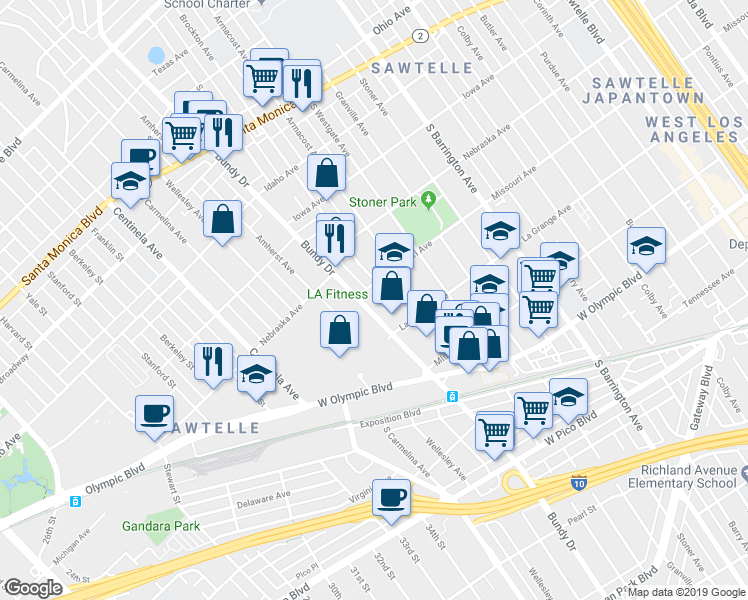 map of restaurants, bars, coffee shops, grocery stores, and more near 11950 Missouri Avenue in Los Angeles