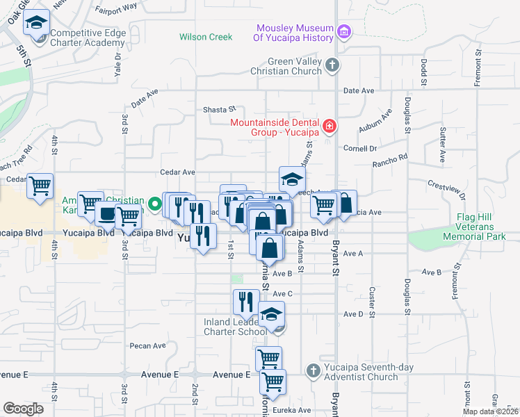 map of restaurants, bars, coffee shops, grocery stores, and more near 35082 Acacia Avenue in Yucaipa
