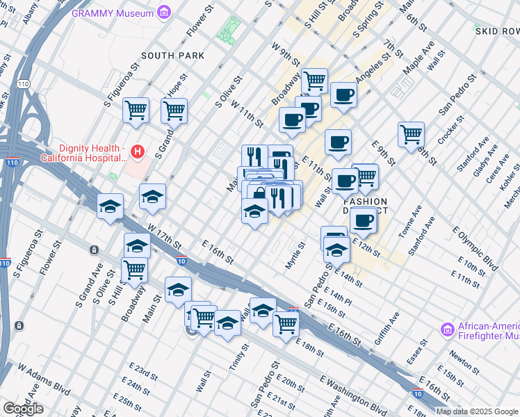 map of restaurants, bars, coffee shops, grocery stores, and more near 230 East Pico Boulevard in Los Angeles