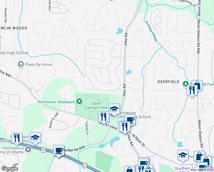 map of restaurants, bars, coffee shops, grocery stores, and more near 3540 Daventry Ln in Kennesaw
