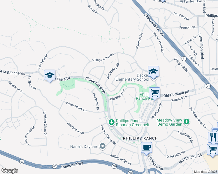 map of restaurants, bars, coffee shops, grocery stores, and more near 7 Sundance Drive in Pomona
