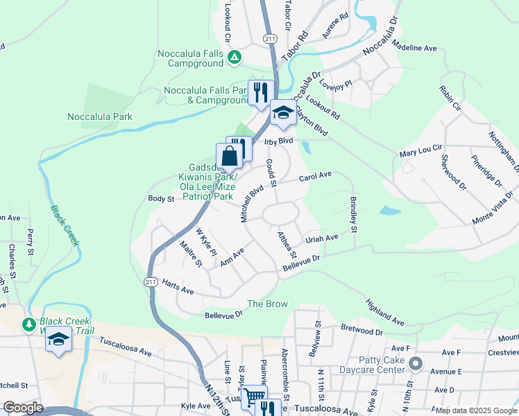 map of restaurants, bars, coffee shops, grocery stores, and more near 102 Washington Circle in Gadsden