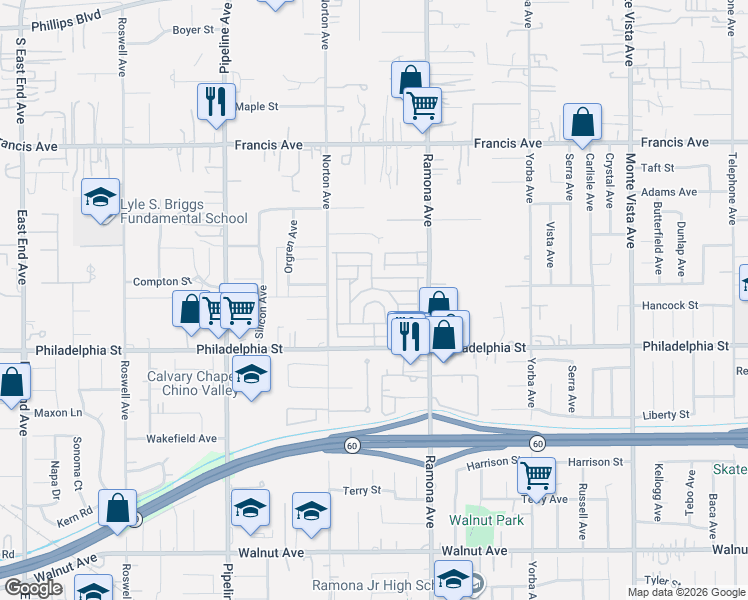 map of restaurants, bars, coffee shops, grocery stores, and more near 4400 Philadelphia Street in Chino