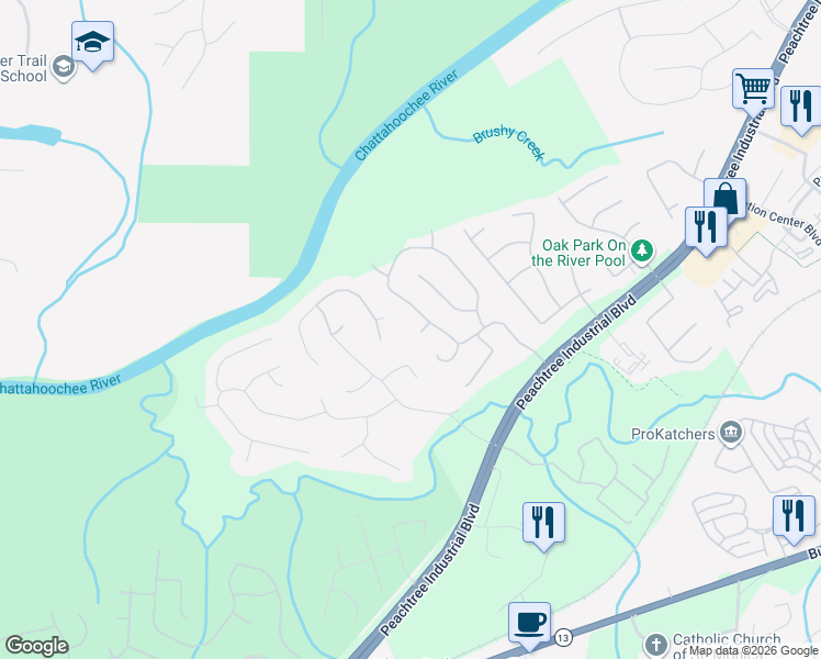 map of restaurants, bars, coffee shops, grocery stores, and more near 1729 Katie Lane in Suwanee
