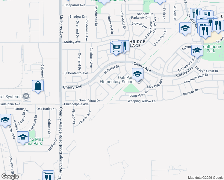 map of restaurants, bars, coffee shops, grocery stores, and more near 12010 Rancherias Drive in Fontana