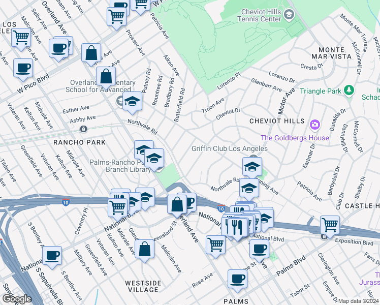 map of restaurants, bars, coffee shops, grocery stores, and more near 10540 Clarkson Road in Los Angeles