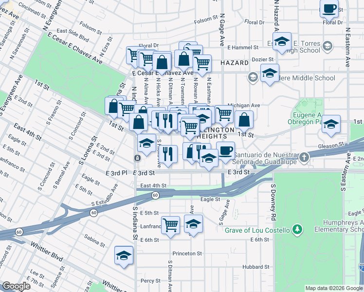 map of restaurants, bars, coffee shops, grocery stores, and more near 134 South Townsend Avenue in Los Angeles