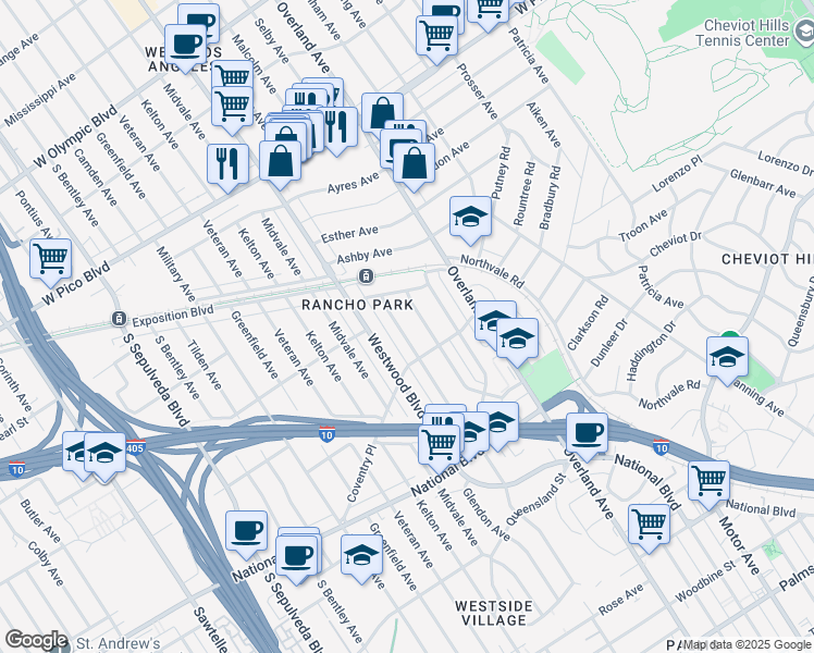 map of restaurants, bars, coffee shops, grocery stores, and more near 2713 Glendon Avenue in Los Angeles