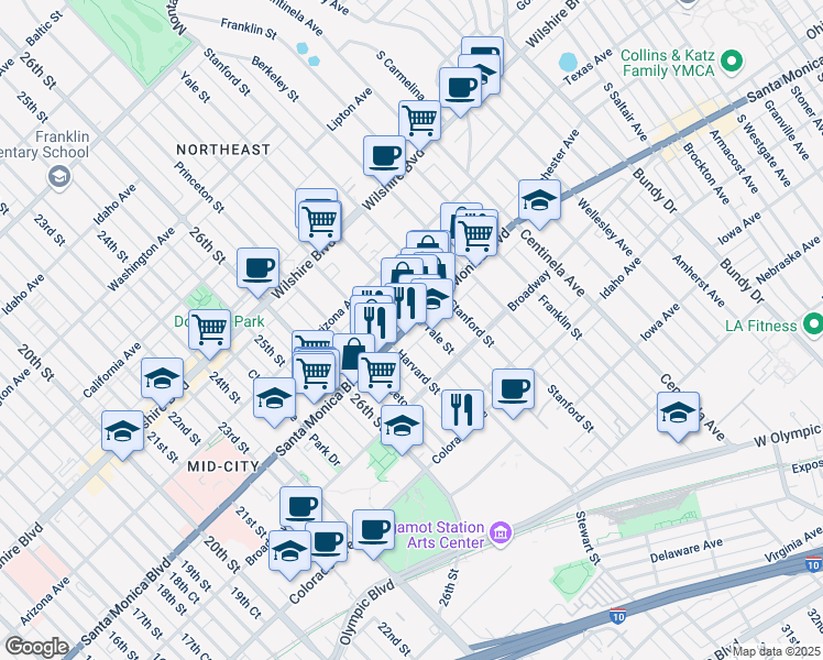 map of restaurants, bars, coffee shops, grocery stores, and more near 2822 Santa Monica Boulevard in Santa Monica