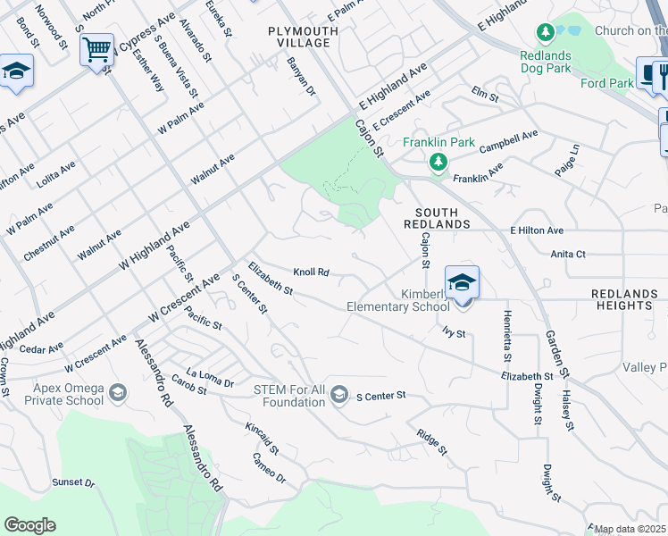 map of restaurants, bars, coffee shops, grocery stores, and more near 1365 Knoll Road in Redlands