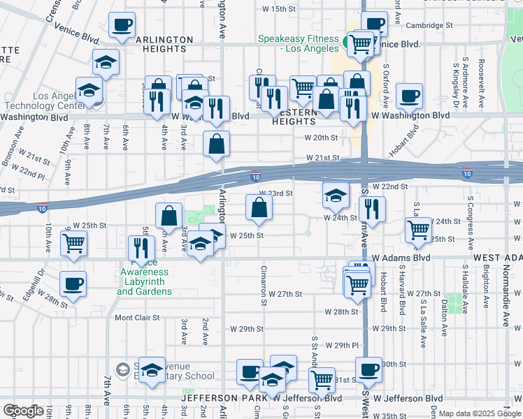 map of restaurants, bars, coffee shops, grocery stores, and more near 2215 West 24th Street in Los Angeles