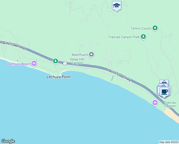 map of restaurants, bars, coffee shops, grocery stores, and more near 31340 Broad Beach Road in Malibu