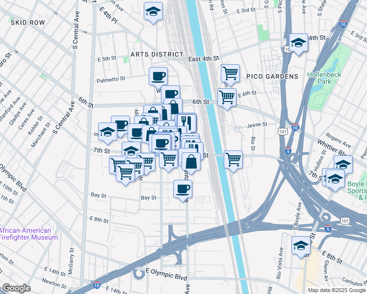 map of restaurants, bars, coffee shops, grocery stores, and more near 688 South Santa Fe Avenue in Los Angeles