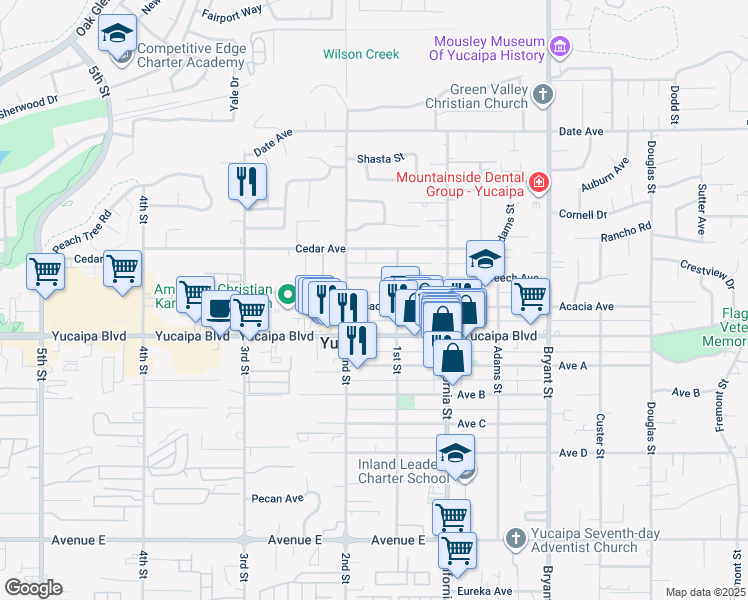 map of restaurants, bars, coffee shops, grocery stores, and more near 34954 Acacia Avenue in Yucaipa