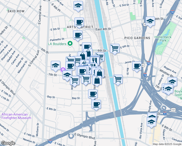 map of restaurants, bars, coffee shops, grocery stores, and more near 672 South Santa Fe Avenue in Los Angeles