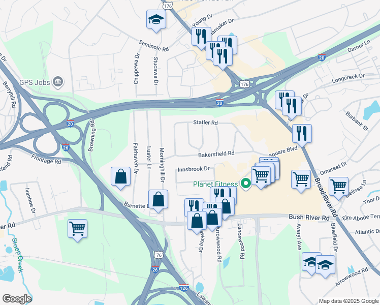 map of restaurants, bars, coffee shops, grocery stores, and more near 951 Bakersfield Road in Columbia
