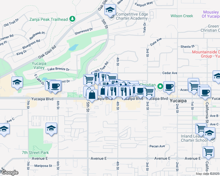 map of restaurants, bars, coffee shops, grocery stores, and more near 34454 Yucaipa Boulevard in Yucaipa