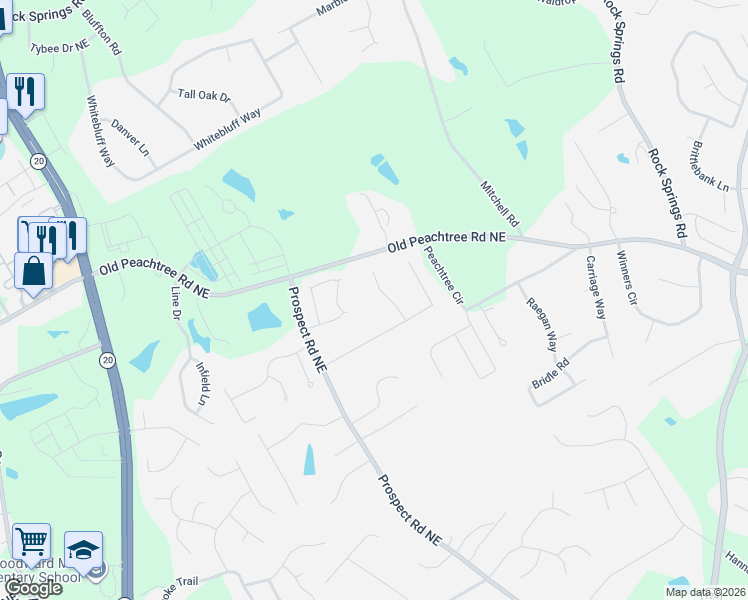 map of restaurants, bars, coffee shops, grocery stores, and more near 2140 Appleton Circle Northeast in Lawrenceville
