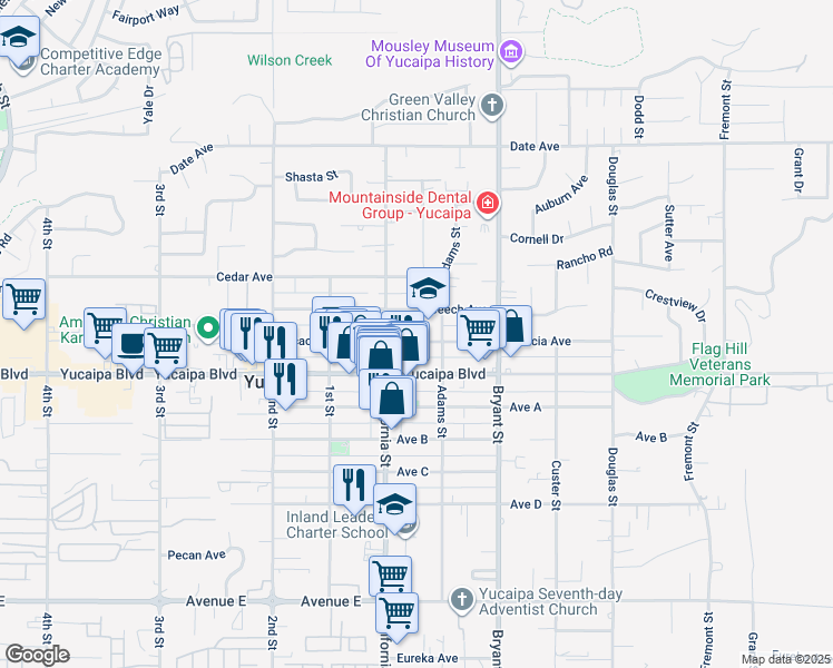 map of restaurants, bars, coffee shops, grocery stores, and more near 35158 Acacia Avenue in Yucaipa