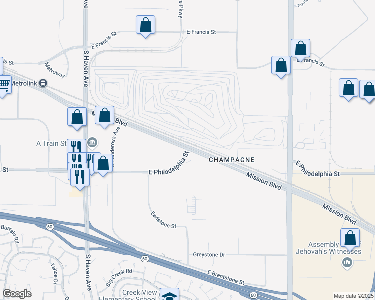 map of restaurants, bars, coffee shops, grocery stores, and more near 4201 East Philadelphia Street in Ontario