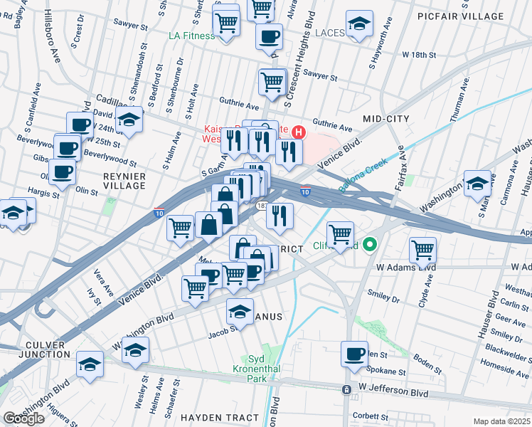 map of restaurants, bars, coffee shops, grocery stores, and more near 6076 Comey Avenue in Los Angeles