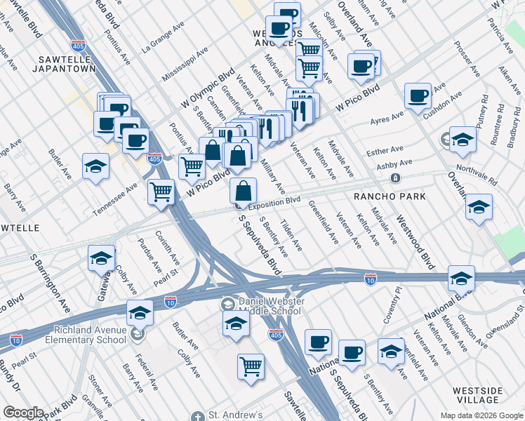 map of restaurants, bars, coffee shops, grocery stores, and more near 2522 South Bentley Avenue in Los Angeles