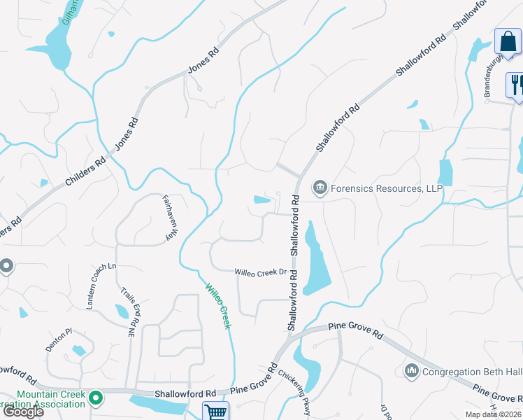 map of restaurants, bars, coffee shops, grocery stores, and more near 2040 Shallowford Park Manor in Roswell