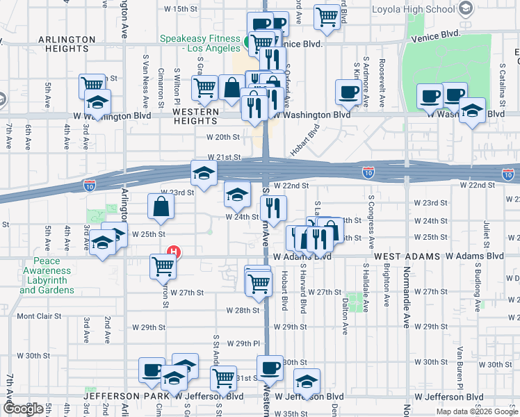 map of restaurants, bars, coffee shops, grocery stores, and more near 2231 South Western Avenue in Los Angeles