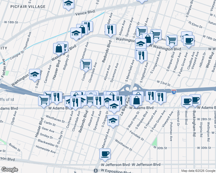 map of restaurants, bars, coffee shops, grocery stores, and more near 2402 South Sycamore Avenue in Los Angeles