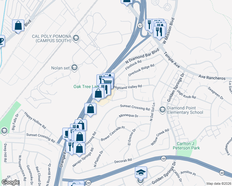 map of restaurants, bars, coffee shops, grocery stores, and more near 23750 Highland Valley Road in Diamond Bar