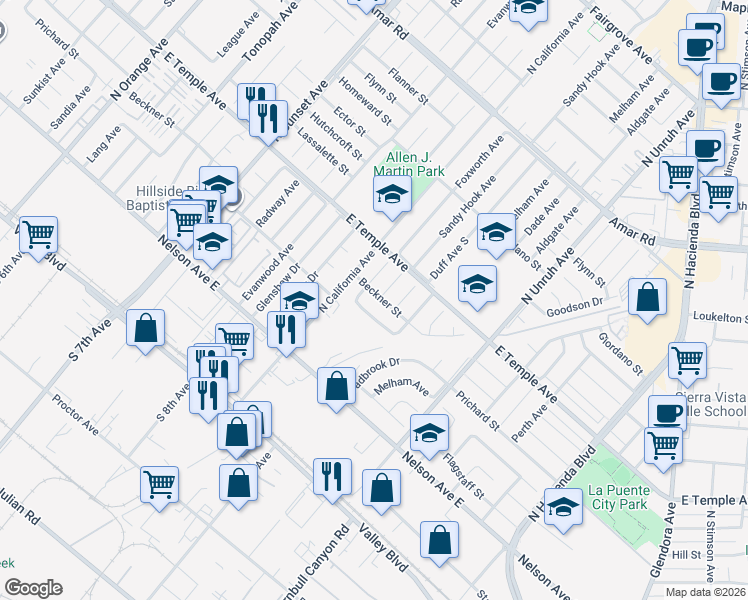 map of restaurants, bars, coffee shops, grocery stores, and more near 14940 Beckner Street in La Puente